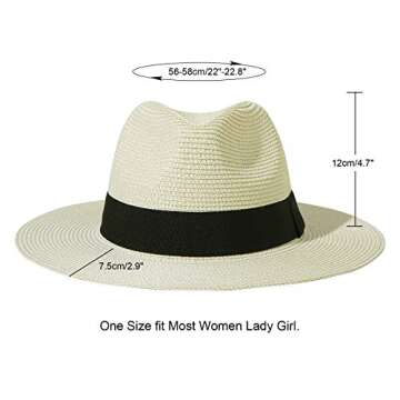 Lanzom Women Wide Brim Straw Panama Roll up Hat Fedora Beach Sun Hat UPF50+ (A-Square Belt Beige)