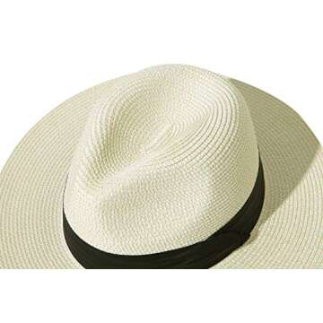 Lanzom Women Wide Brim Straw Panama Roll up Hat Fedora Beach Sun Hat UPF50+ (A-Square Belt Beige)