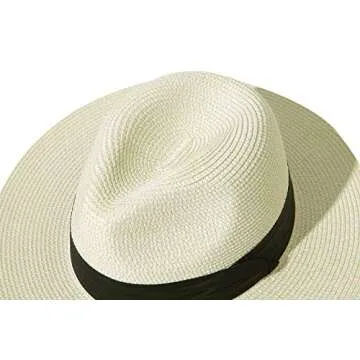Lanzom Women Wide Brim Straw Panama Roll up Hat Fedora Beach Sun Hat UPF50+ (A-Square Belt Beige)
