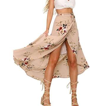 Yonala Womens Boho Floral Tie Up Waist Summer Beach Wrap Cover Up Maxi Skirt Apricot Small