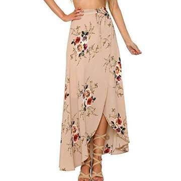 Yonala Womens Boho Floral Tie Up Waist Summer Beach Wrap Cover Up Maxi Skirt Apricot Small