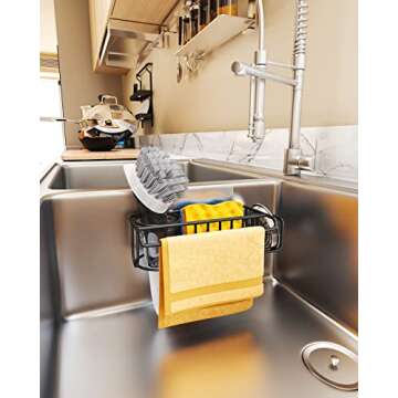 HapiRm 4 in 1 Adhesive Sponge Holder Sink Caddy, SUS304 Stainless Steel Sink Brush Holder + Dish Cloth Hanger + Soap Rack + Sink Stopper Rack, No Drill Kitchen Sponge Caddy - Black