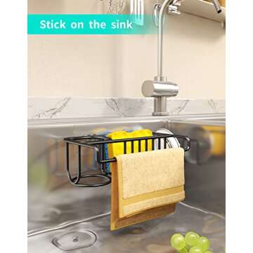 HapiRm 4 in 1 Adhesive Sponge Holder Sink Caddy, SUS304 Stainless Steel Sink Brush Holder + Dish Cloth Hanger + Soap Rack + Sink Stopper Rack, No Drill Kitchen Sponge Caddy - Black