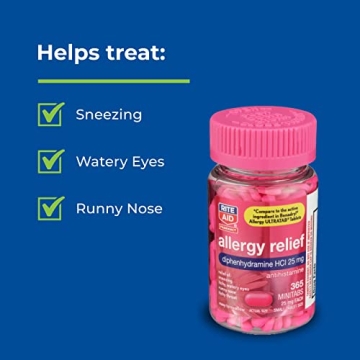 Rite Aid Antihistamine Allergy Relief with Diphenhydramine | Allergy Medicine | Easy-to-Swallow Small Tablet Size Allergy Relief | Common Cold & Respiratory Allergy Medication (365 Count)