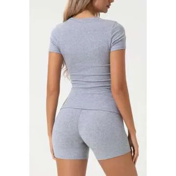 QINSEN 2 Piece Outfits for Women Bodycon Lounge Set Short Sleeve T Shirts Fold Over Shorts Grey M