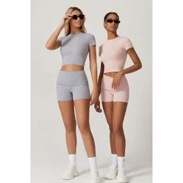 QINSEN 2 Piece Outfits for Women Bodycon Lounge Set Short Sleeve T Shirts Fold Over Shorts Grey M