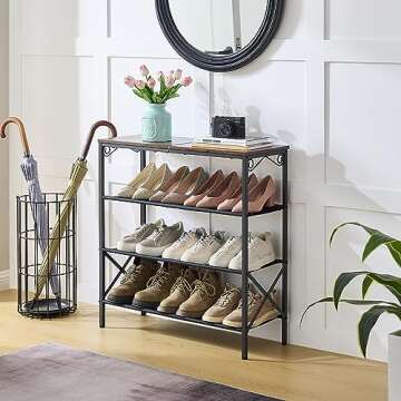 Hoctieon Shoe Rack, 4-Tier Entryway Shoe Storage Rack for 12-16 Pairs of Shoes, Shoe Shelf with 3 Fabric Shelves and Wooden Top,Rustic Brown and Black