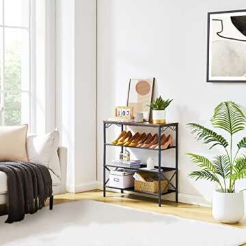 Hoctieon Shoe Rack, 4-Tier Entryway Shoe Storage Rack for 12-16 Pairs of Shoes, Shoe Shelf with 3 Fabric Shelves and Wooden Top,Rustic Brown and Black