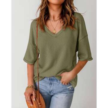 MEROKEETY Womens V Neck Batwing Sleeve T Shirts Waffle Knit Summer Tops Casual Loose Fit, Olive, XL