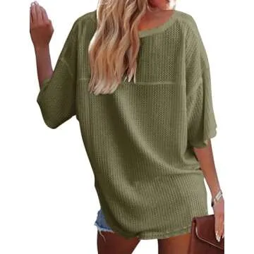 MEROKEETY Womens V Neck Batwing Sleeve T Shirts Waffle Knit Summer Tops Casual Loose Fit, Olive, XL