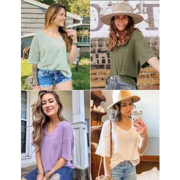 MEROKEETY Womens V Neck Batwing Sleeve T Shirts Waffle Knit Summer Tops Casual Loose Fit, Olive, XL