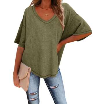 MEROKEETY Womens V Neck Batwing Sleeve T Shirts Waffle Knit Summer Tops Casual Loose Fit, Olive, XL