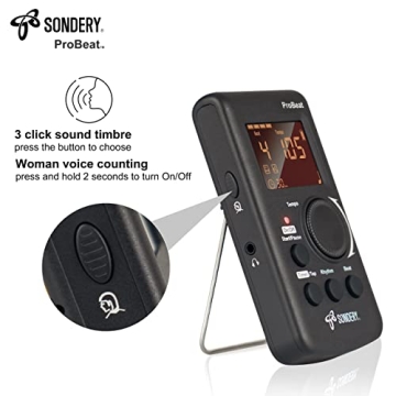 Sondery Digital Metronome for Guitar Piano Drum and All Instruments with Timer, English Vocal Counting and 3 Different Sounds with Earphone Jack and Flashing Light, Loud Volume, Rechargeable