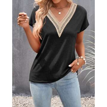 MEROKEETY Women's Casual Cap Sleeve Lace Trim V Neck Tops 2024 Summer Loose Tee Shirts Blouse, Black, Large