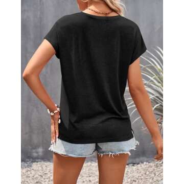MEROKEETY Women's Casual Cap Sleeve Lace Trim V Neck Tops 2024 Summer Loose Tee Shirts Blouse, Black, Large