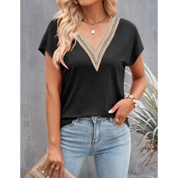 MEROKEETY Women's Casual Cap Sleeve Lace Trim V Neck Tops 2024 Summer Loose Tee Shirts Blouse, Black, Large