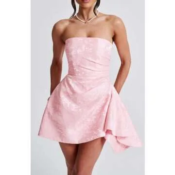 Smileven Women's Formal Dresses Yellow Mini Jacquard Satin Strapless Homecoming Dresses 2024 Short A Line Cocktail HOCO Dresses US4