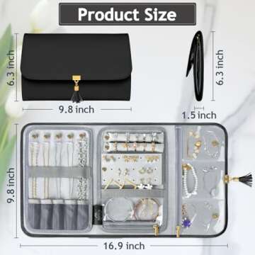 MATEIN Black Jewelry Organizer, Vegan Leather Big Jewelry Travel Rolls with Clear Pockets, Tangle-Fr...