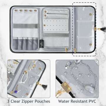 MATEIN Black Jewelry Organizer, Vegan Leather Big Jewelry Travel Rolls with Clear Pockets, Tangle-Free Necklace Holder for Daily Jewels Earrings Rings Bracelets, Great Gifts for Women