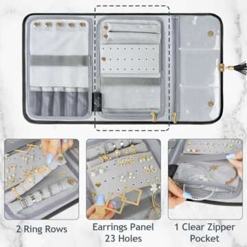 MATEIN Black Jewelry Organizer, Vegan Leather Big Jewelry Travel Rolls with Clear Pockets, Tangle-Free Necklace Holder for Daily Jewels Earrings Rings Bracelets, Great Gifts for Women