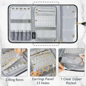 MATEIN Black Jewelry Organizer, Vegan Leather Big Jewelry Travel Rolls with Clear Pockets, Tangle-Free Necklace Holder for Daily Jewels Earrings Rings Bracelets, Great Gifts for Women