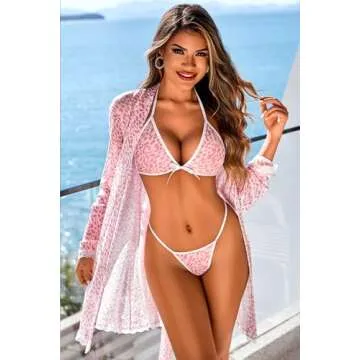 Avidlove Women Sexy Lingerie Set 3 Piece Bra and Panty Sets & Lace Kimono Robe Sleepwear Mesh Nightgown Pink Leopard