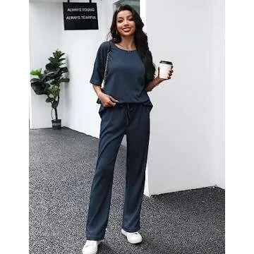 JiniGolla Women's Pajama Set Waffle Knit Lounge Set Short Sleeve Top and Pants Loungewear with Pockets Navy Blue S