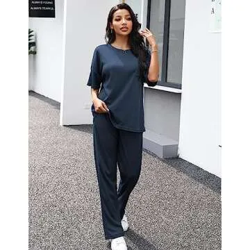 JiniGolla Women's Pajama Set Waffle Knit Lounge Set Short Sleeve Top and Pants Loungewear with Pockets Navy Blue S