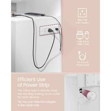 VASAGLE Vanity Desk with Mirror and Lights, 35.4-Inch Wide Makeup Vanity with Upholstered Vanity Stool, Power Outlets, Dimmable LED Lights, Storage Drawer, for Bedroom, Cloud White URDT128W01