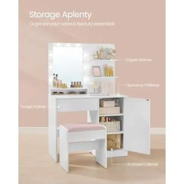 VASAGLE Vanity Desk with Mirror and Lights, 35.4-Inch Wide Makeup Vanity with Upholstered Vanity Stool, Power Outlets, Dimmable LED Lights, Storage Drawer, for Bedroom, Cloud White URDT128W01