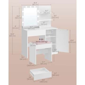 VASAGLE Vanity Desk with Mirror and Lights, 35.4-Inch Wide Makeup Vanity with Upholstered Vanity Stool, Power Outlets, Dimmable LED Lights, Storage Drawer, for Bedroom, Cloud White URDT128W01