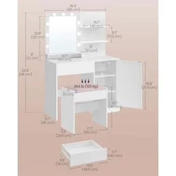 VASAGLE Vanity Desk with Mirror and Lights, 35.4-Inch Wide Makeup Vanity with Upholstered Vanity Stool, Power Outlets, Dimmable LED Lights, Storage Drawer, for Bedroom, Cloud White URDT128W01