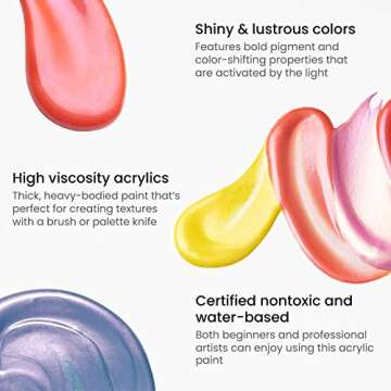 ARTEZA Iridescent Acrylic Paint Set of 10 Galaxy tones Colors Bottles, Shimmer Water-Based Artist Paints, Art Supplies for Canvas, Wood, Rocks, Fabrics