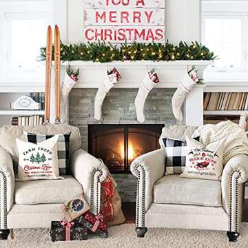 Kithomer Farmhouse Christmas Pillow Covers 18x18 Set of 4 Rustic Winter Holiday Xmas Decor Christmas Decorations Cushion Cases for Couch Tree Candy Canes Cocoa Sleigh Rides (18"x18")