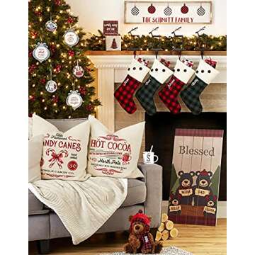 Kithomer Farmhouse Christmas Pillow Covers 18x18 Set of 4 Rustic Winter Holiday Xmas Decor Christmas Decorations Cushion Cases for Couch Tree Candy Canes Cocoa Sleigh Rides (18"x18")