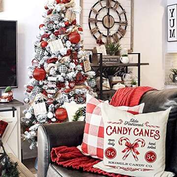 Kithomer Farmhouse Christmas Pillow Covers 18x18 Set of 4 Rustic Winter Holiday Xmas Decor Christmas Decorations Cushion Cases for Couch Tree Candy Canes Cocoa Sleigh Rides (18"x18")