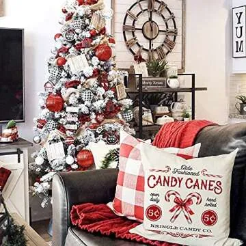 Kithomer Farmhouse Christmas Pillow Covers 18x18 Set of 4 Rustic Winter Holiday Xmas Decor Christmas Decorations Cushion Cases for Couch Tree Candy Canes Cocoa Sleigh Rides (18"x18")