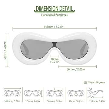 Freckles Mark Cool Chunky Y2K Oversized Sunglasses for Men Women Funky Inflated Rimmmed Shield Fun Cat Eye Sun Glasses (White)