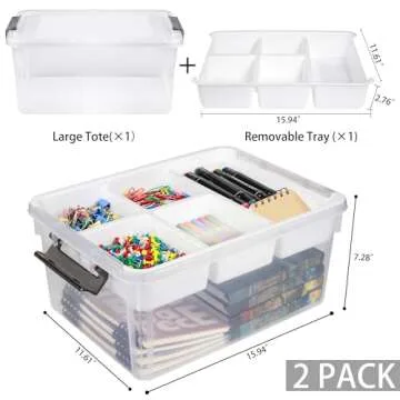 2 Pack 17 QT Plastic Storage Bins with Lids, Art Supply Storage Organizer with Removeable Tray, Clea...