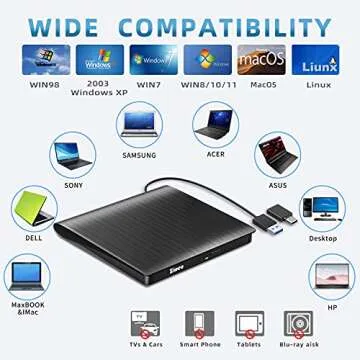 External DVD Drive USB 3.0 Type-C CD Burner Portable CD +/-RW Drive DVD Player for ROM Rewriter Burner Compatible with Laptop Desktop PC Windows MacBook Linux Mac OS