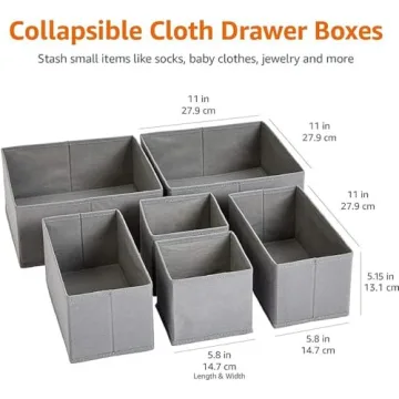 Amazon Basics Cloth Drawer Storage Organizer Boxes for Socks, Underwear and Baby Items, Set of 6, Gray