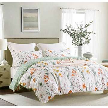 SLEEPBELLA Duvet Cover Set 600 Thread Count Cotton Bedding Set (Twin, White&Green Floral)