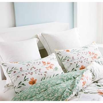 SLEEPBELLA Duvet Cover Set 600 Thread Count Cotton Bedding Set (Twin, White&Green Floral)