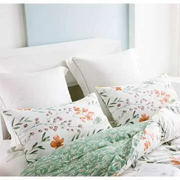 SLEEPBELLA Duvet Cover Set 600 Thread Count Cotton Bedding Set (Twin, White&Green Floral)