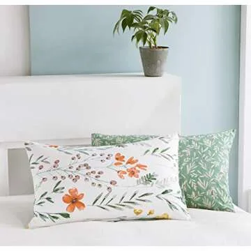 SLEEPBELLA Duvet Cover Set 600 Thread Count Cotton Bedding Set (Twin, White&Green Floral)