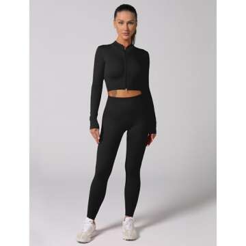 ABOCIW Workout Sets for Women 2 Piece Seamless Ribbed Long Sleeve Zip Crop Top Jacket Tummy Control High Waist Leggings Sets GYm Yoga Outfits Winter Fall Gym Clothes Black Small