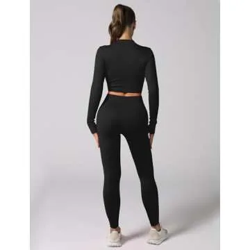 ABOCIW Workout Sets for Women 2 Piece Seamless Ribbed Long Sleeve Zip Crop Top Jacket Tummy Control High Waist Leggings Sets GYm Yoga Outfits Winter Fall Gym Clothes Black Small