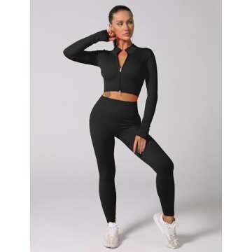 ABOCIW Workout Sets for Women 2 Piece Seamless Ribbed Long Sleeve Zip Crop Top Jacket Tummy Control High Waist Leggings Sets GYm Yoga Outfits Winter Fall Gym Clothes Black Small