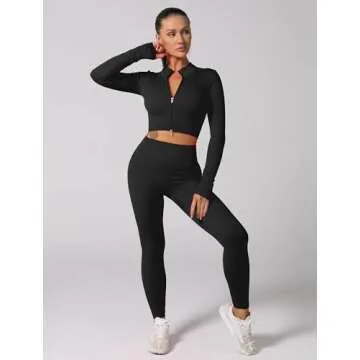 ABOCIW Workout Sets for Women 2 Piece Seamless Ribbed Long Sleeve Zip Crop Top Jacket Tummy Control High Waist Leggings Sets GYm Yoga Outfits Winter Fall Gym Clothes Black Small