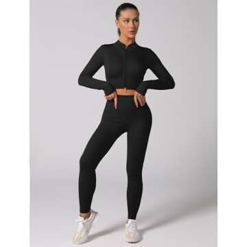 ABOCIW Workout Sets for Women 2 Piece Seamless Ribbed Long Sleeve Zip Crop Top Jacket Tummy Control High Waist Leggings Sets GYm Yoga Outfits Winter Fall Gym Clothes Black Small
